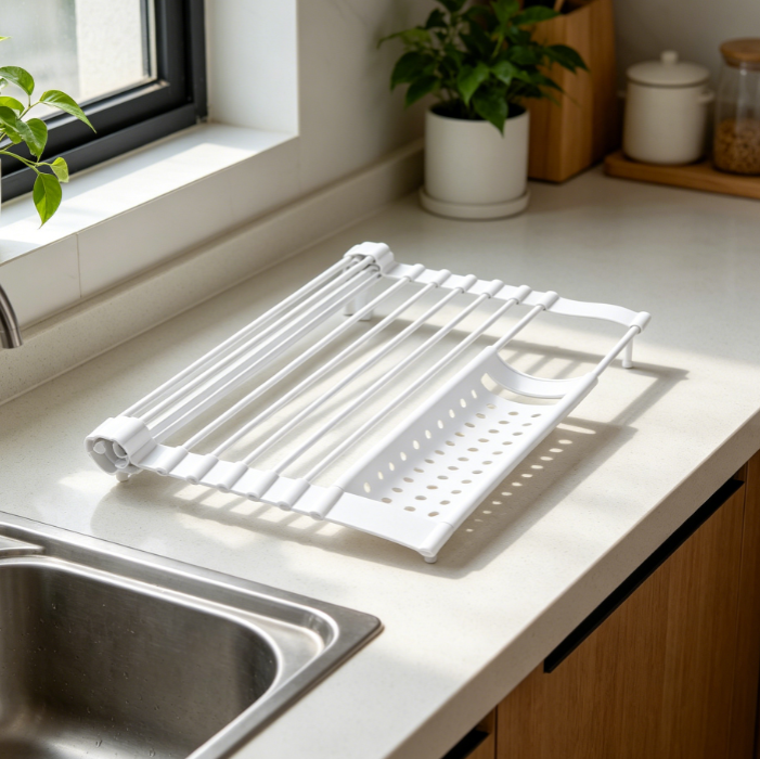 Compact Non Slip Silicone Foldable Over Sink Dish Rack with Tray, Rust Resistant